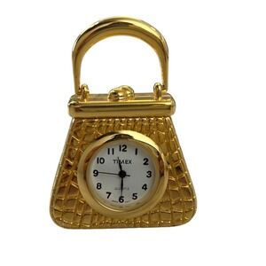Timex Miniature Handbag Desk Clock Gold Tone Purse Novelty Quartz Collectible
